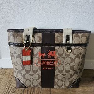 Coach Monogramed CC Signature Small Tote Bag - Brown and Red